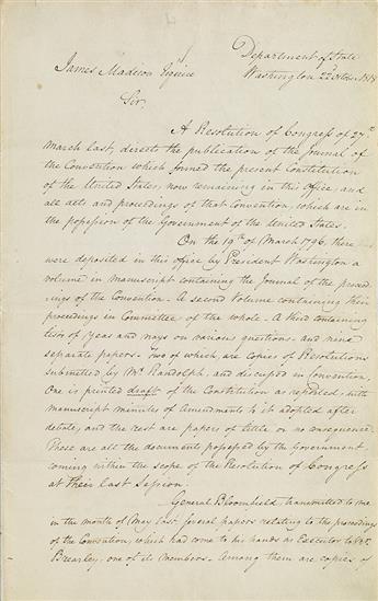 ADAMS, JOHN QUINCY. Letter Signed, as Secretary of State, to President James Madison, requesting documents to complete George Washingto